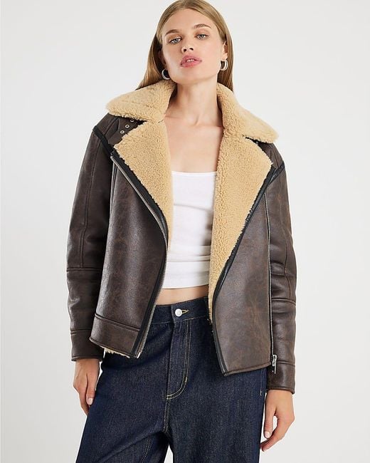 River Island Black Aviator Jacket Borg Lined