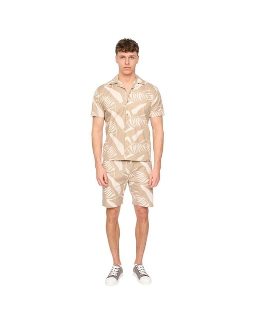 Duck and Cover Natural Hopkinton Tropical Leaves Breathable Shirt And Shorts Set (Light Stone) for men