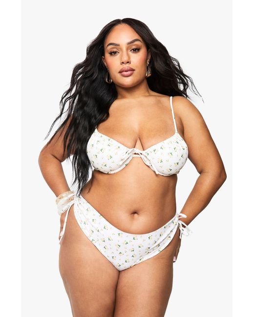 Boohoo Yellow Plus Ditsy Floral Ruched Bum Tie Side Bikini Brief