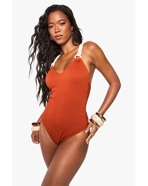 Boohoo Orange Macrame Strap Cross Back Swimsuit