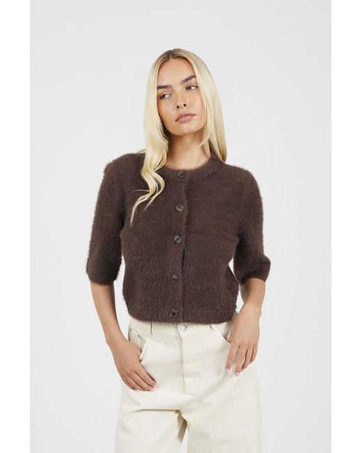 Brave Soul Brown Short Sleeve Fluffy Yarn Cardigan