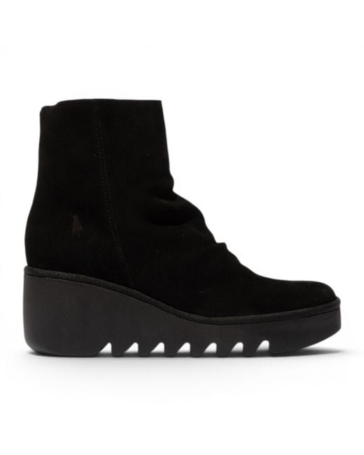 Fly London Black Suede Leather Wedge Heel Platform Ankle Boots