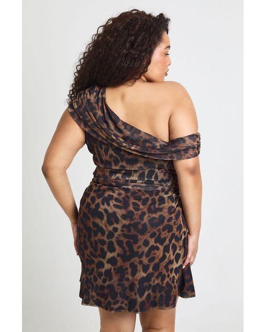 Boohoo Brown Plus Leopard Asymmetric Mesh Mini Dress