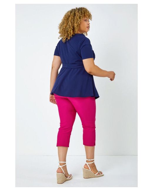 Roman Curve Blue Stretch Belted Peplum Top