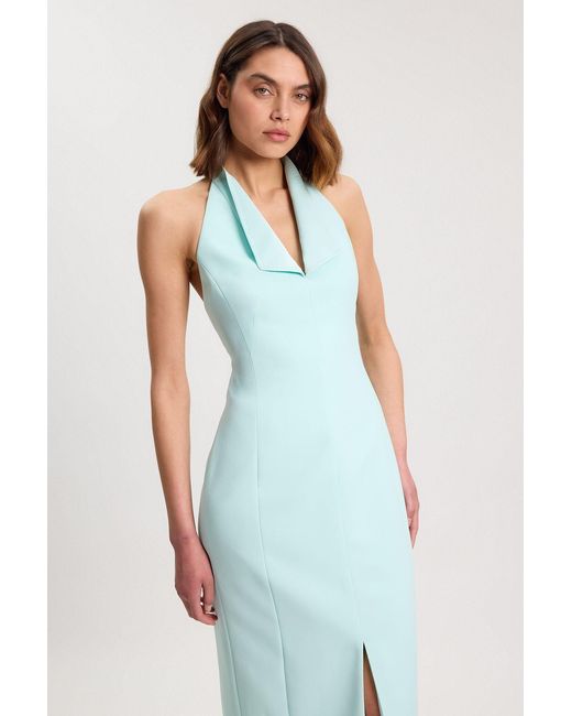 Karen Millen Blue Satin Tux Back Detail Tailored Midi Dress