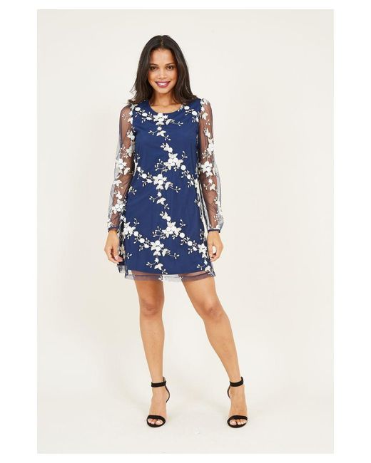 Yumi' Blue Navy Embroidered Lace Mesh Tunic