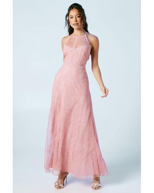 Oasis Pink Delicate Lace Apron Neck Maxi Bridesmaids Dress