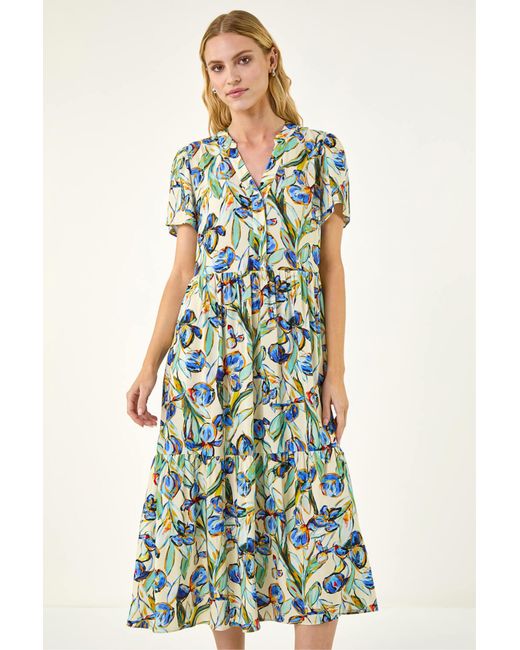 Roman Green Floral V-Neck Midi Dress