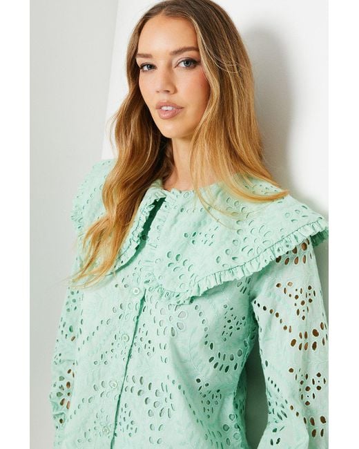 Oasis Green Broderie Collar Button Through Top