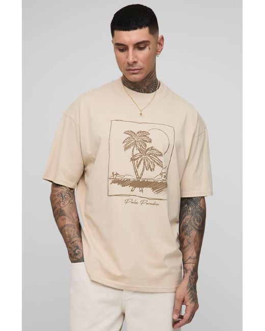 BoohooMAN Natural Tall Oversized Palm Paradise Print T-Shirt for men