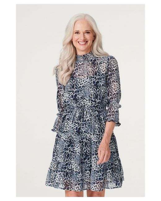 Izabel London Blue Leopard Print Shirred Neck Dress