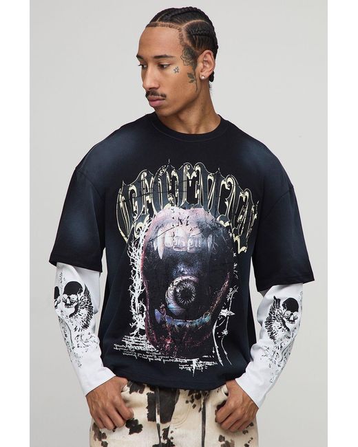 BoohooMAN Blue Oversized Boxy Ofclman Graphic Faux Layer Washed T-Shirt for men