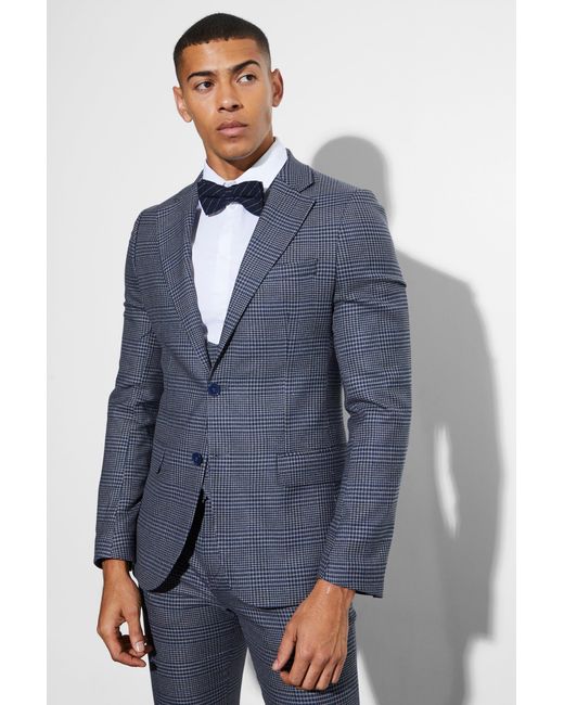 BoohooMAN Blue Skinny Fit Single Breasted Plaidblazer for men
