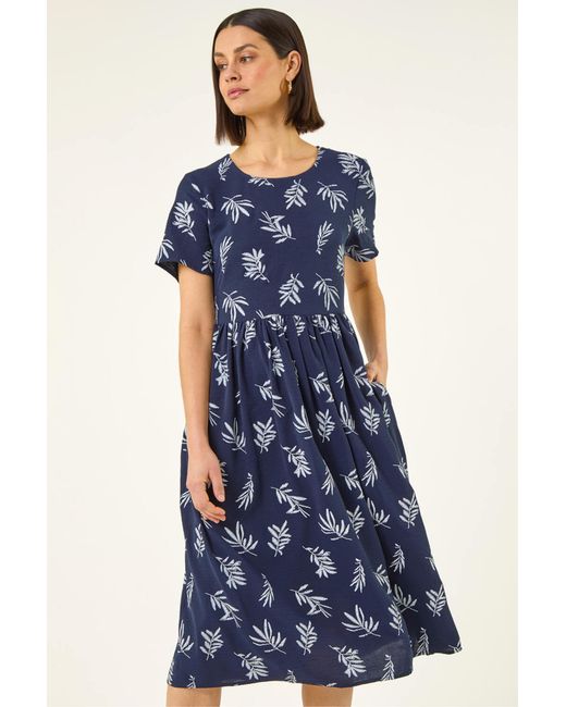 Roman Blue Leaf Print Smock Midi Dress