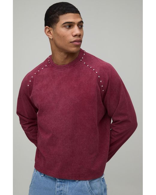 BoohooMAN Red Oversized Heavyweight Studded Raglan Acid Wash T-Shirt for men
