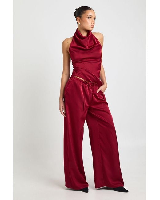 Boohoo Red Satin Drawstring Waist Wide Leg Trousers
