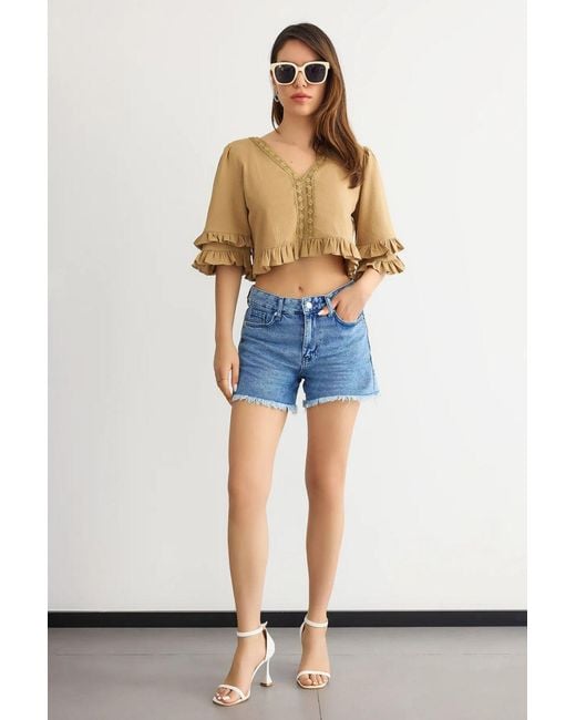 Hiccup Blue Cropped V-Neck Ruffled Blouse