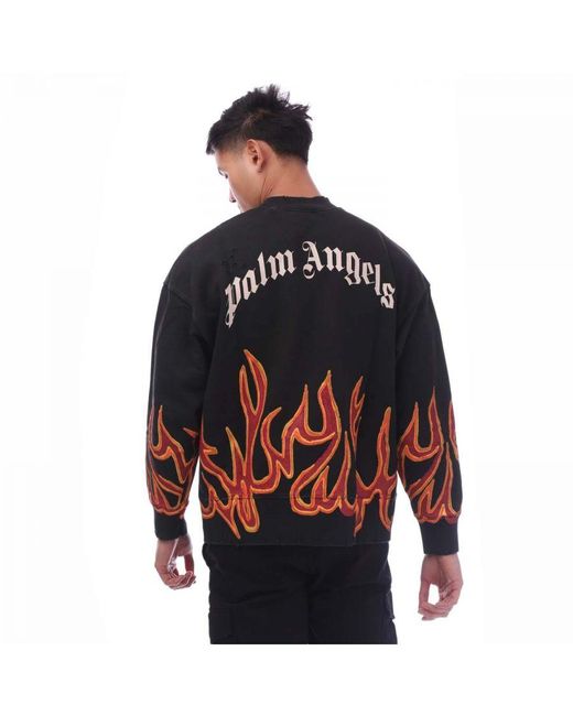 Palm Angels Blue Garment Dye Graffiti Flames Crewneck Sweatshirt for men