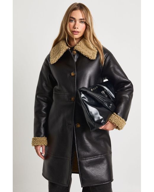 Boohoo Black Pu Longline Fur Trim Aviator Jacket