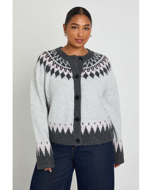 Boohoo Gray Plus Fairisle Knit High Neck Cardigan