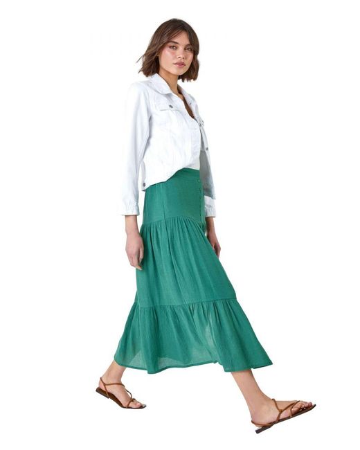 Roman Green Textured Button A Line Tiered Midi Skirt