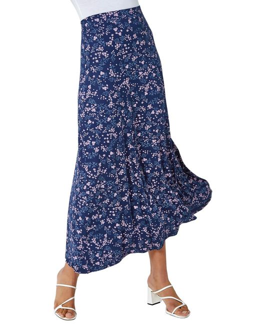 Roman Blue Floral Print Elastic Waist Midi Stretch Skirt