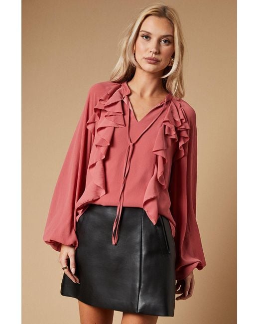 Oasis Red Chiffon Ruffle Blouse