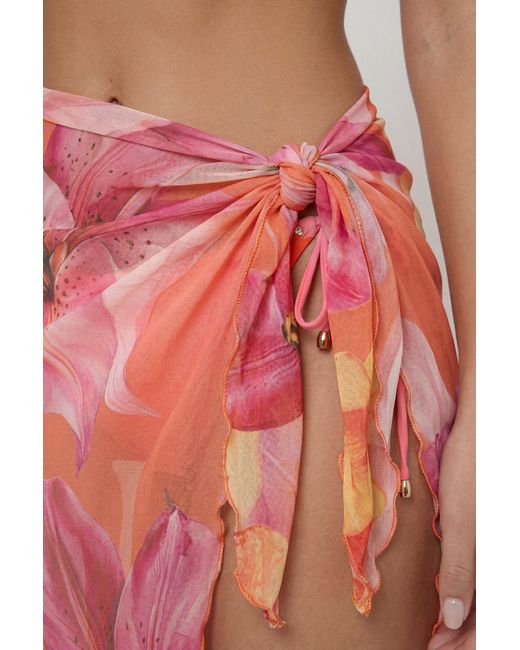 Boohoo Red Floral Print Sheer Mesh Beach Sarong