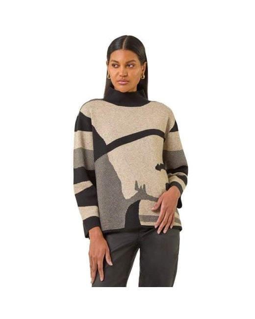 Roman Natural Abstract Knit High Neck Jumper