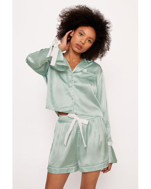 Nasty Gal Green Satin Contrast Velvet Tie Cuff Pyjama Shirt And Shorts Set