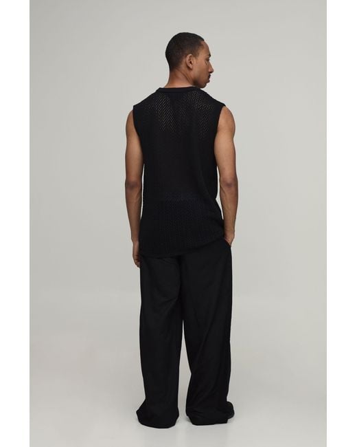 BoohooMAN Black Baggy Fit Linen Blend Small Floral Embroidery Trousers for men