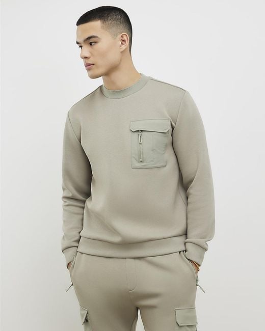 River Island Gray Sweatshirt Slim Fit Nylon Pocket Cotton for men