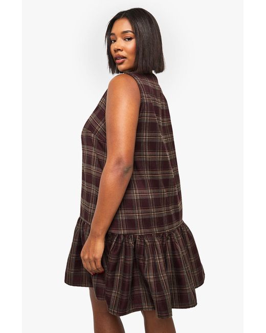 Boohoo Brown Plus Check Button Down Drop Hem Smock