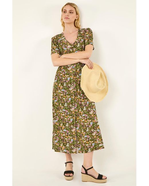 Roman Metallic Floral Print Button Midi Dress