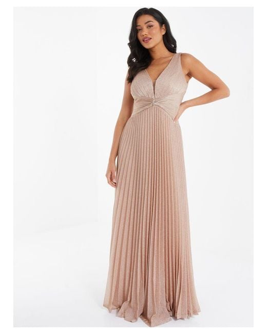 Quiz Natural Nude Shimmer Pleated Maxi Dress