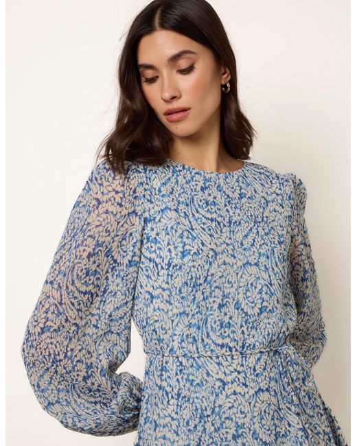 Blue Vanilla Blue Puff Sleeve Godet Dress With Self Tie