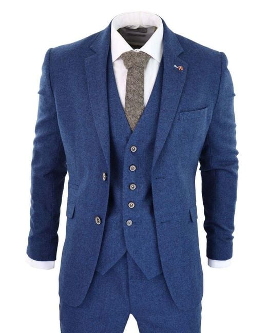 Infinity Leather Blue 3 Piece Tweed Wool Twill Vintage Classic Suit for men