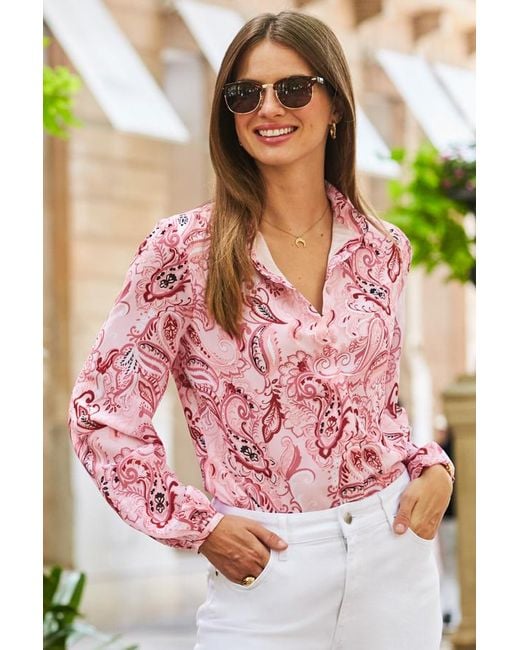 Sosandar Pink Paisley Print Blouson Sleeve Shirt Denim