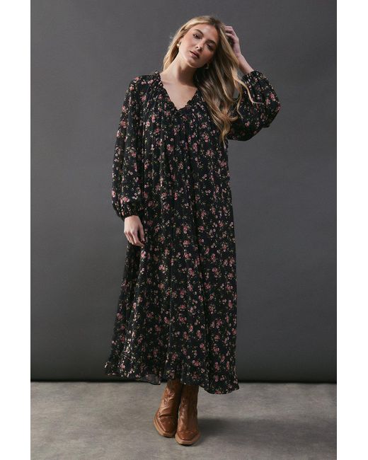 Warehouse Black Printed Chiffon Gathered Neck Trapeze Midi Dress