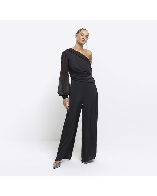 River Island Blue Jumpsuit Satin One Shoulder Wide Leg