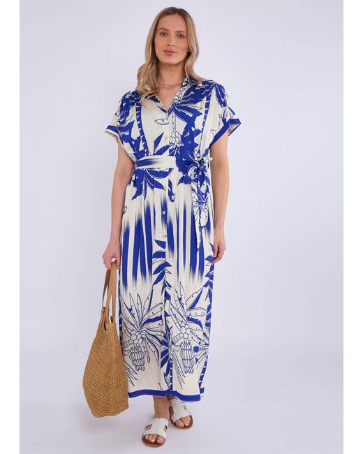 Gini London Blue Tropical Print Midi Shirt Dress
