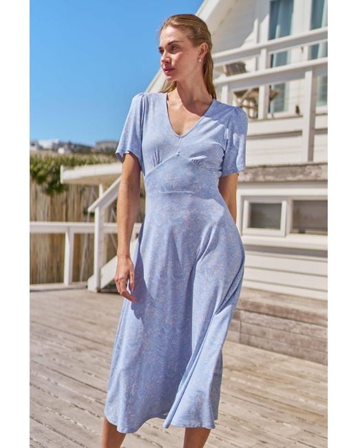 Mountain Warehouse Blue 'Como' Printed Tea Dress Casual Lightweight Short Sleeve Midi Outfit Viscose