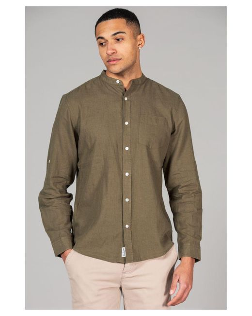 Tokyo Laundry Green Linen Blend Long Sleeve Button-up Shirt With Grandad Collar for men