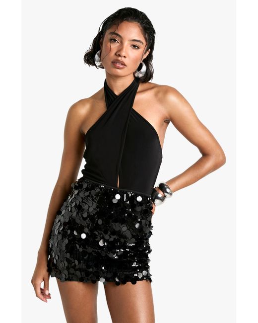 Boohoo Black Tall Twist Detail High Neck Double Layer Slinky One Piece