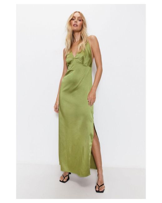 Warehouse Green Satin V Neck Strappy Slip Dress