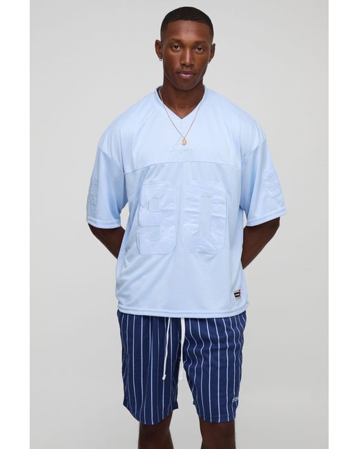 BoohooMAN Blue Oversized Boxy Hockey Mesh T-Shirt And Embroidered Short Set for men