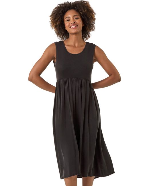 Roman Black Ribbed Stretch Midi Dress