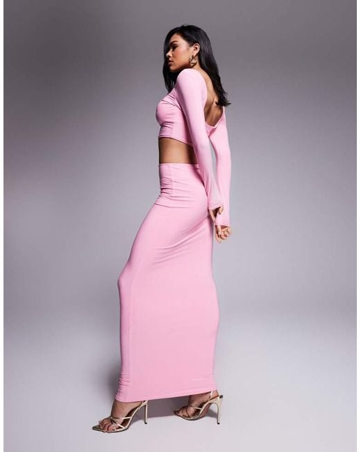 Kaiia Pink Exclusive Double Layered Slinky Column Maxi Skirt Co-Ord