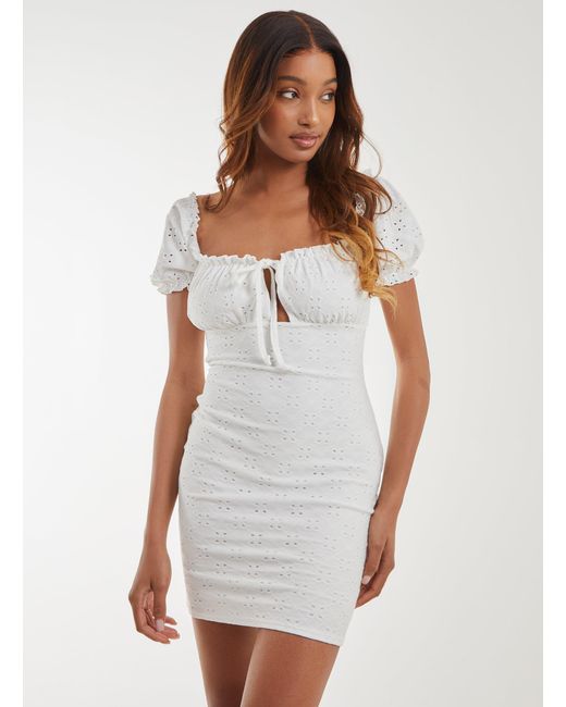 Pink Vanilla White Broderie Jersey Square Neck Mini Dress