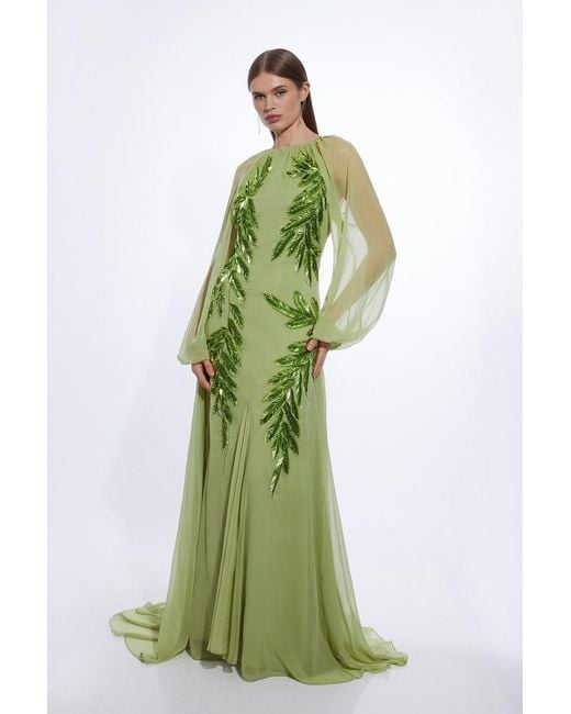 Karen Millen Green Feather Embellished Woven Long Sleeve Maxi Dress